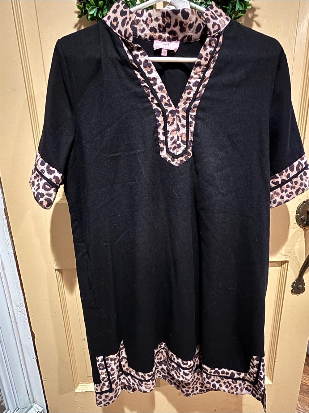 ENTRO Black Tunic Dress with Leopard Trim